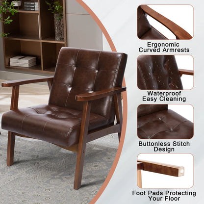 ADOUER WOOD Solid Sheesham Wood And Brown Leatherette Fabric Arm Chair