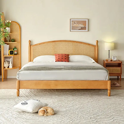 ADOUER WOOD Solid Acacia Wood Mid-Century Classic Rattan Cane Bed (Natural Finish)