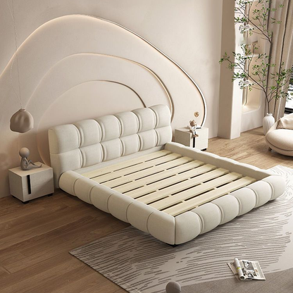 ADOUER WOOD "Luxurious Cream Cotton Upholstered Platform Bed with Tufted Headboard and Footboard"