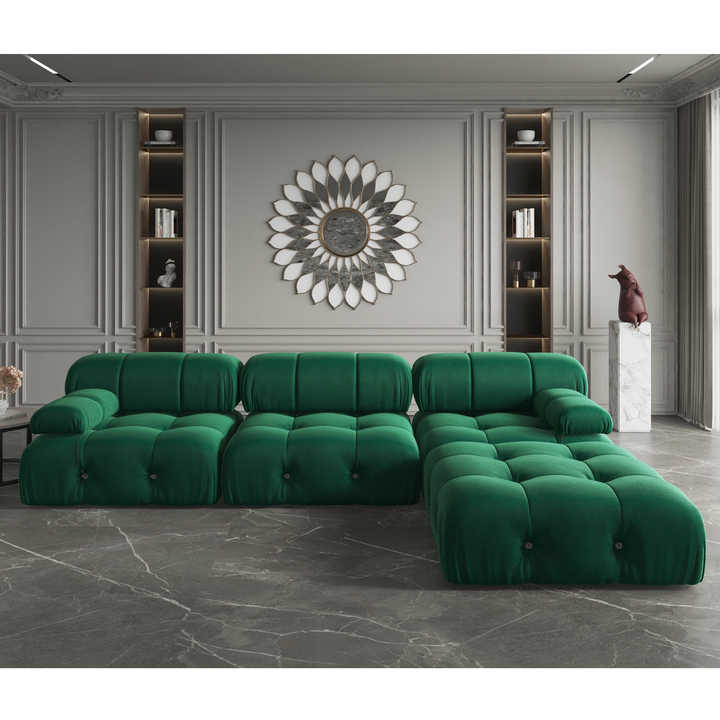 ADOUER WOOD "Luxurious Emerald Green U-Shaped Sectional Sofa with Tufted Cushions"