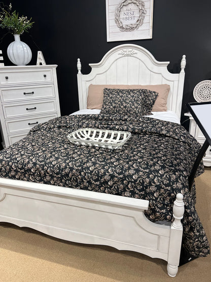 Adouer Wood "Vintage White Wooden Bed with Intricate Headboard Design – Classic Bedroom Furniture"