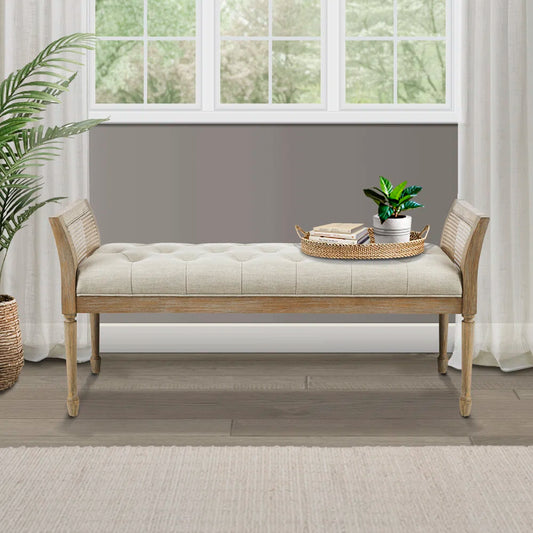 ADOUER WOOD Solid Wood White Distressed Multi-Purpose Rattan Cane Bench For Home & Office