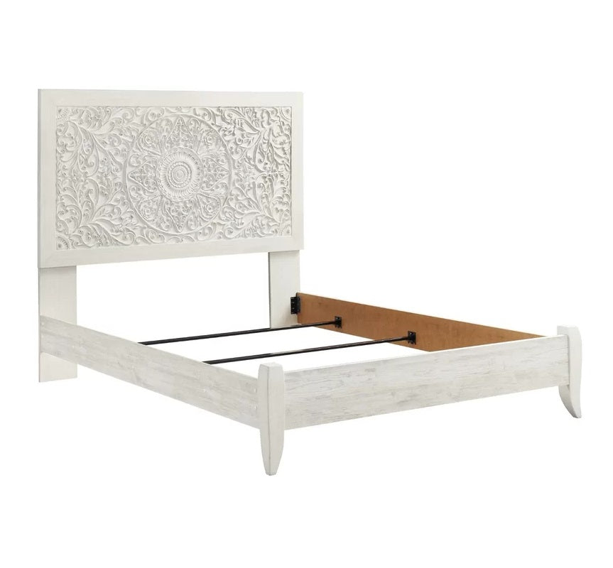 ADOUER WOOD Solid Sheesham Wood Luxuries Distressed Hand Carving  Bed, Without Storage