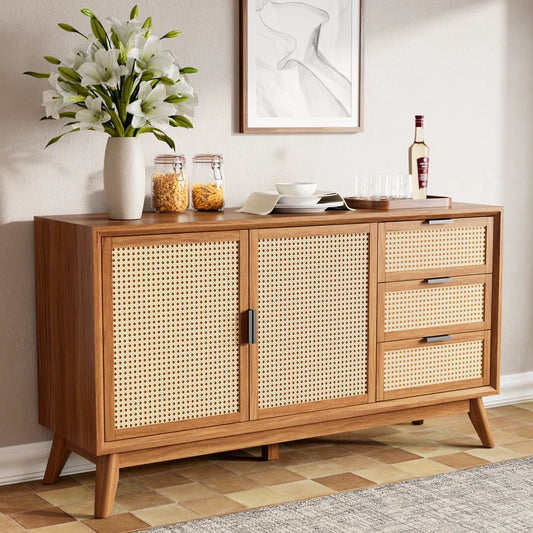 ADOUER WOOD Solid Acacia Wood Rattan Sideboard With Drawers