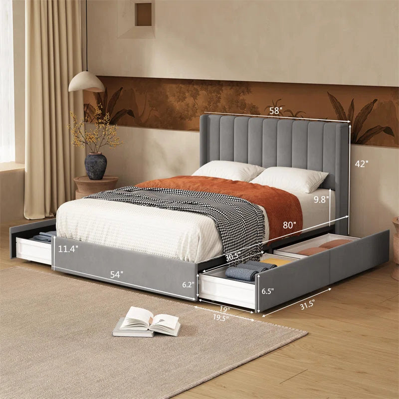 ADOUER WOOD Solid Wood Bed Frame Upholstered Bed With Drawer Storage