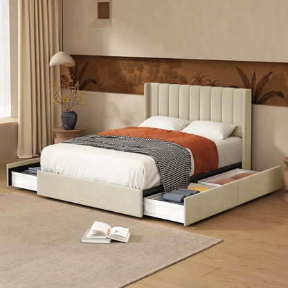 ADOUER WOOD Solid Wood Bed Frame Upholstered Bed With Drawer Storage