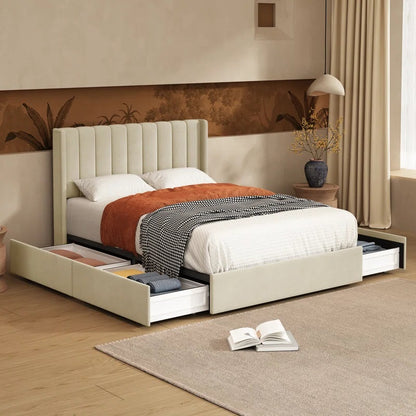 ADOUER WOOD Solid Wood Bed Frame Upholstered Bed With Drawer Storage