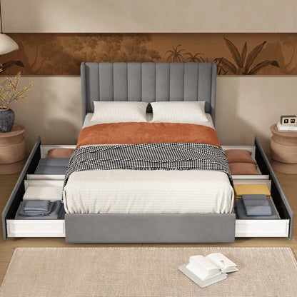 ADOUER WOOD Solid Wood Bed Frame Upholstered Bed With Drawer Storage