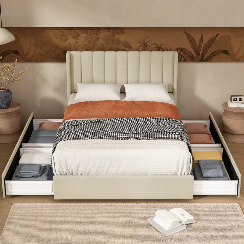 ADOUER WOOD Solid Wood Bed Frame Upholstered Bed With Drawer Storage