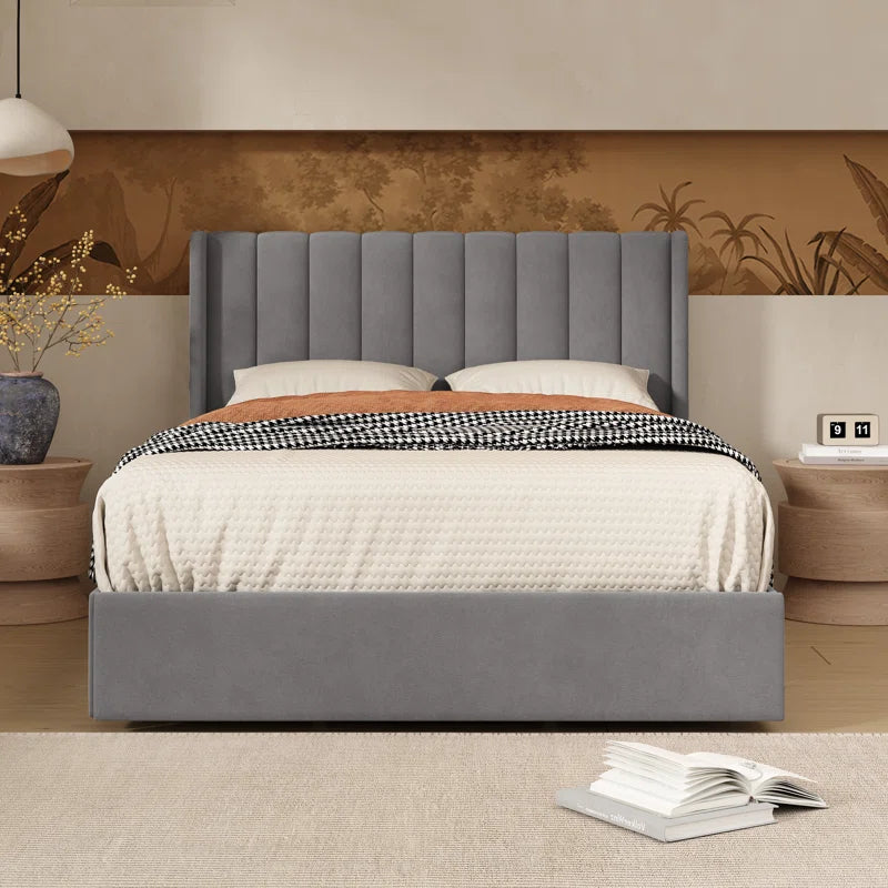 ADOUER WOOD Solid Wood Bed Frame Upholstered Bed With Drawer Storage