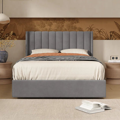 ADOUER WOOD Solid Wood Bed Frame Upholstered Bed With Drawer Storage