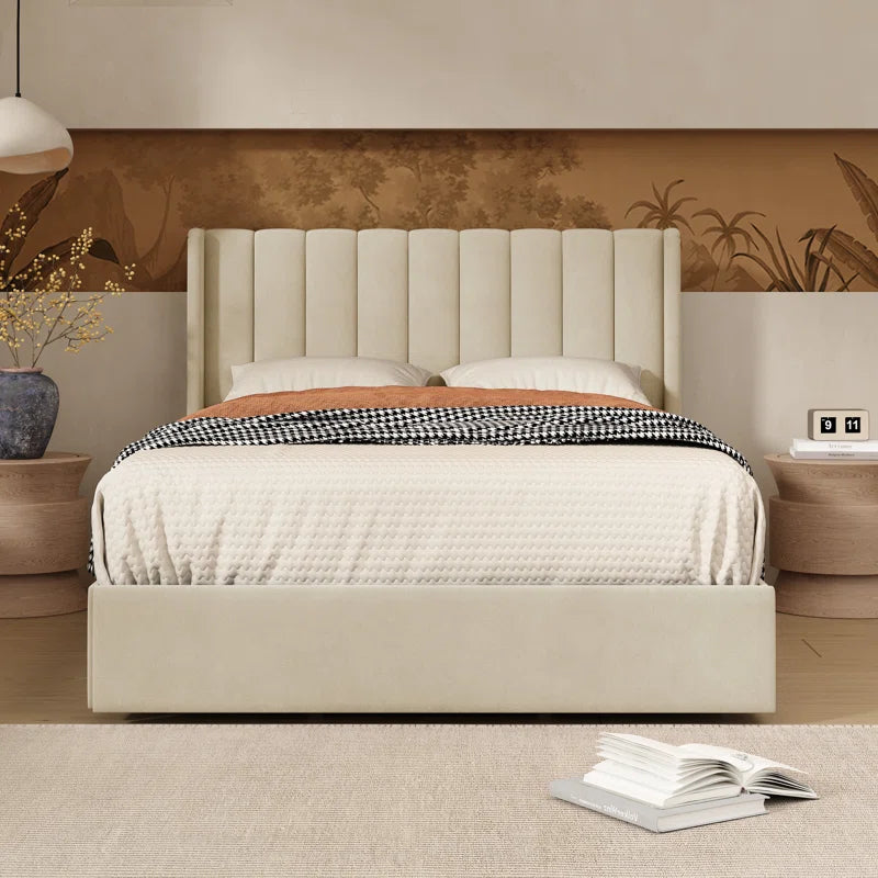 ADOUER WOOD Solid Wood Bed Frame Upholstered Bed With Drawer Storage