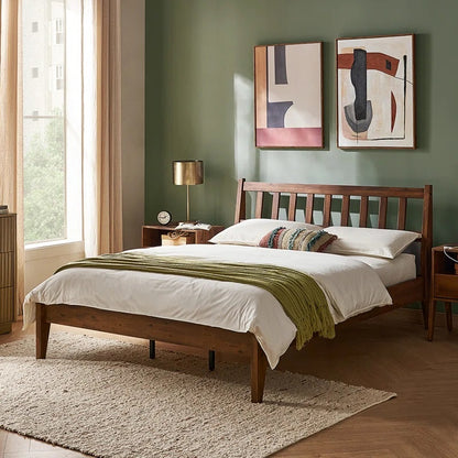 ADOUER WOOD Solid Acacia Wood Mid-Century Classic Bed Without Storage For Bedroom (Honey)