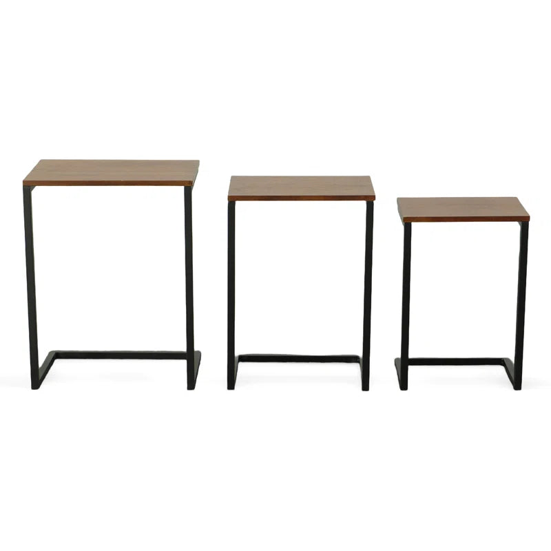 ADOUER WOOD Solid Sheesham Wood & Metal Frame Set of 3 Nesting Table