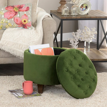 ADOUER WOOD Solid Wood Leg Green Tufted Upholstered Ottoman/Pouffe With Storage