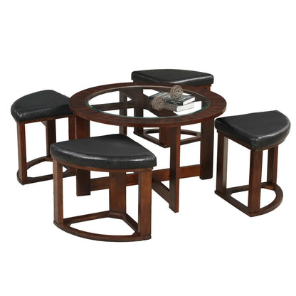 ADOUER WOOD Solid Sheesham Wood Glass Top Coffee Table Set With 4 Setting Stool (Walnut Finish)