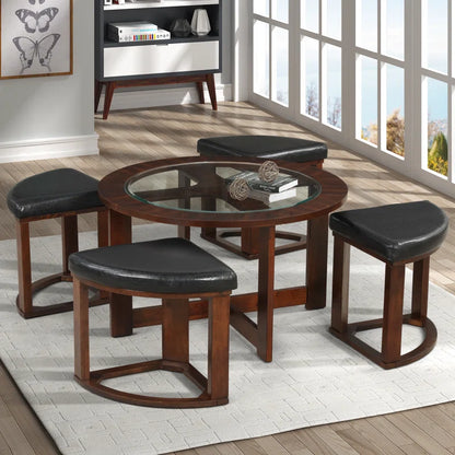 ADOUER WOOD Solid Sheesham Wood Glass Top Coffee Table Set With 4 Setting Stool (Walnut Finish)