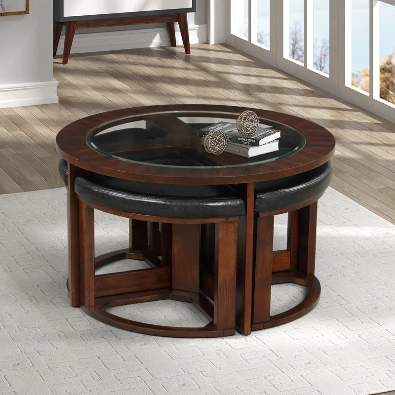 ADOUER WOOD Solid Sheesham Wood Glass Top Coffee Table Set With 4 Setting Stool (Walnut Finish)