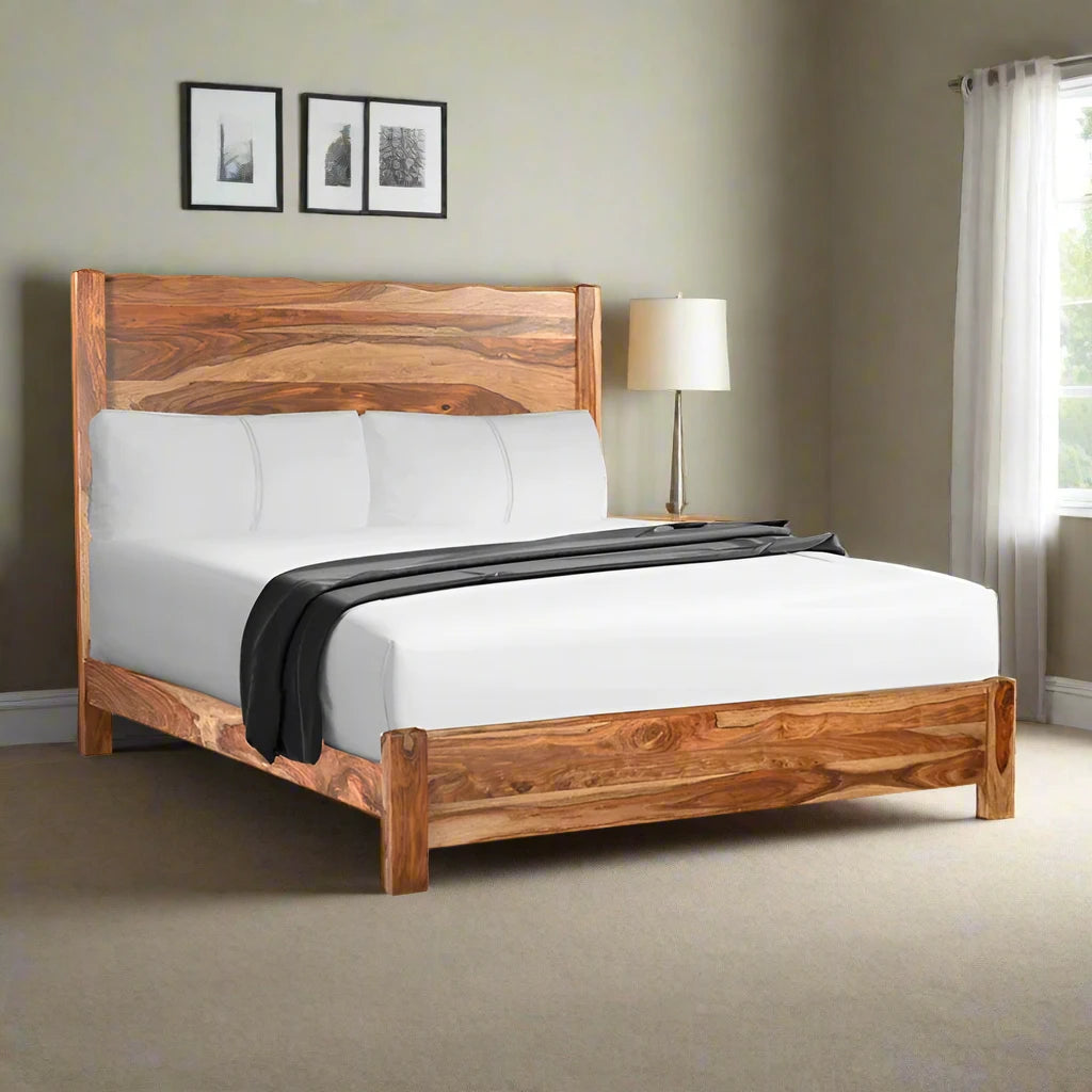 ADOUER WOOD Solid Sheesham Wood Designer Bed Without Storage For Bedroom (Natural)