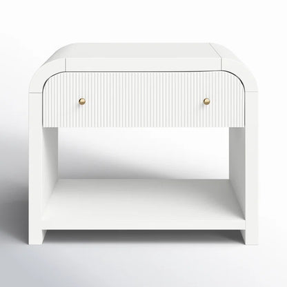 ADOUER WOOD Modern White Bedside Table with Ribbed Drawer and Gold Knobs