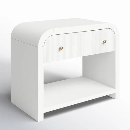 ADOUER WOOD Modern White Bedside Table with Ribbed Drawer and Gold Knobs