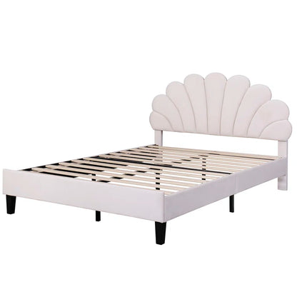 ADOUER WOOD Upholstered Upholstered Panel Flower Design Bed Frame with Velvet Headboard, Without Storage