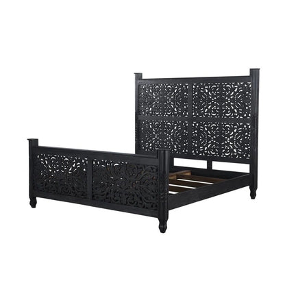 ADOUER WOOD Solid Sheesham Wood Luxuries Series Hand Carving Distressed Bed, Without Storage