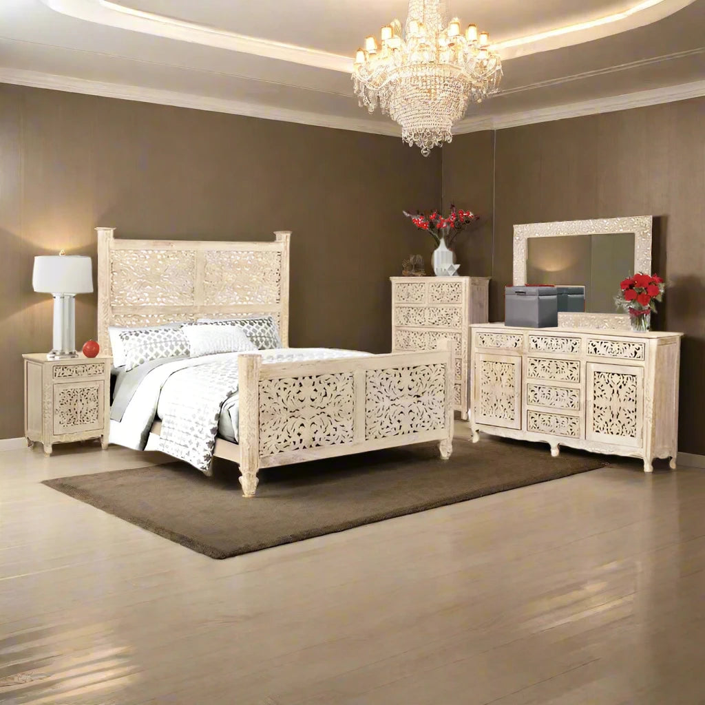 ADOUER WOOD Solid Sheesham Wood Luxuries Series Hand Carving Distressed Bed, Without Storage