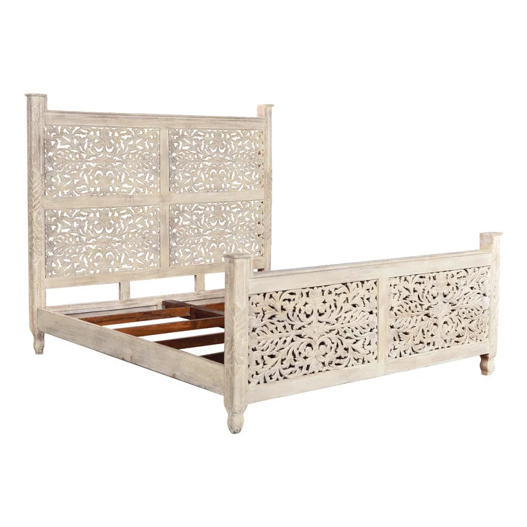 ADOUER WOOD Solid Sheesham Wood Luxuries Series Hand Carving Distressed Bed, Without Storage