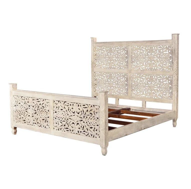 ADOUER WOOD Solid Sheesham Wood Luxuries Series Hand Carving Distressed Bed, Without Storage