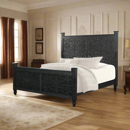 ADOUER WOOD Solid Sheesham Wood Luxuries Series Hand Carving Distressed Bed, Without Storage