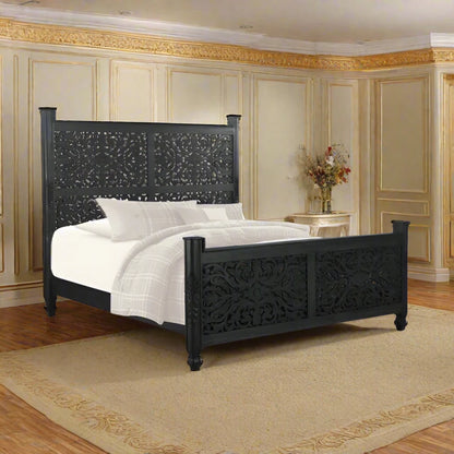 ADOUER WOOD Solid Sheesham Wood Luxuries Series Hand Carving Distressed Bed, Without Storage