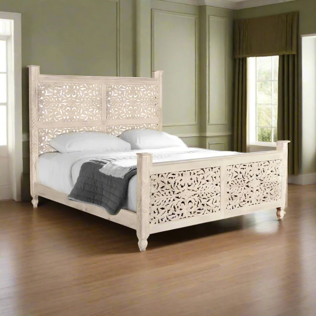 ADOUER WOOD Solid Sheesham Wood Luxuries Series Hand Carving Distressed Bed, Without Storage