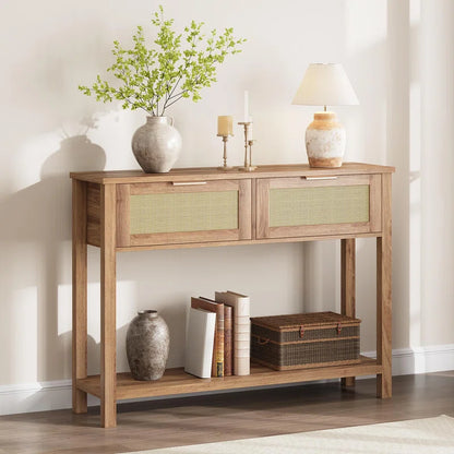 ADOUER WOOD Solid Acacia Wood Rattan Door Console Table (Natural Finish)