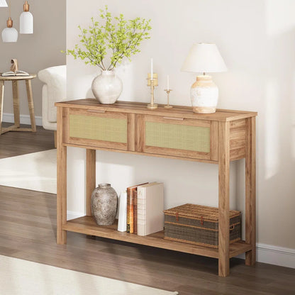 ADOUER WOOD Solid Acacia Wood Rattan Door Console Table (Natural Finish)