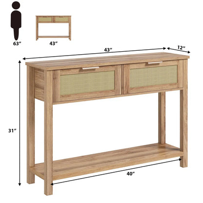 ADOUER WOOD Solid Acacia Wood Rattan Door Console Table (Natural Finish)