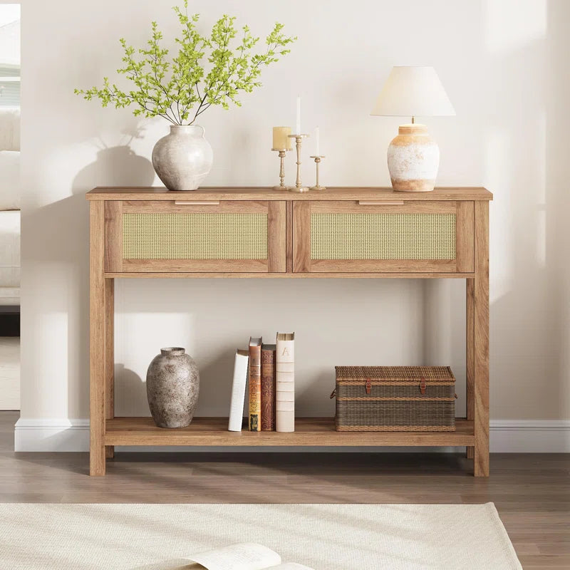 ADOUER WOOD Solid Acacia Wood Rattan Door Console Table (Natural Finish)