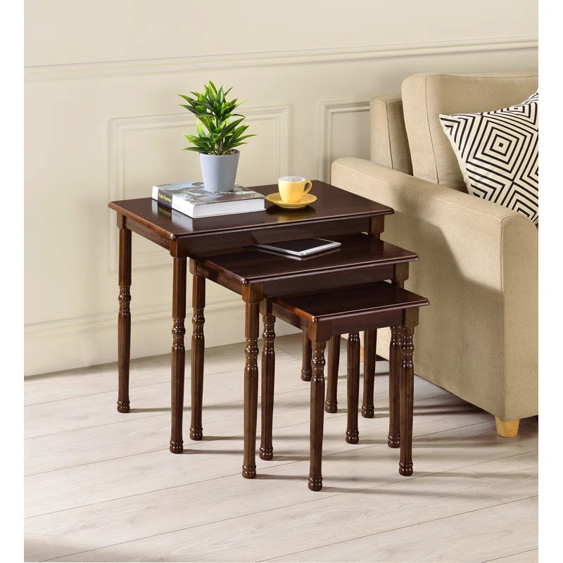 ADOUER WOOD Solid Sheesham Hand Carved Designer Legs Nesting Table - Set of 3 (Walnut Finish)