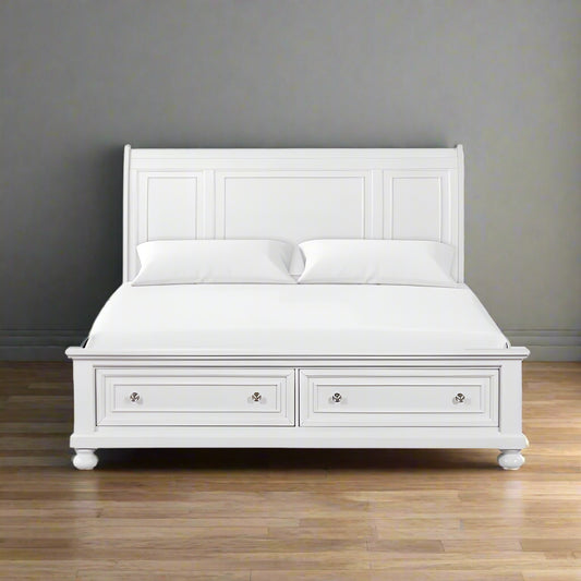 ADOUER WOOD Solid Sheesham Wood Classic Bed With Footboard Storage Drawer–White Finish