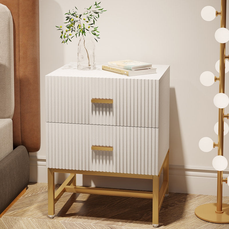 ADOUER WOOD Modern White Nightstand with Gold Base – 2-Drawer Bedside Table with Fluted Design