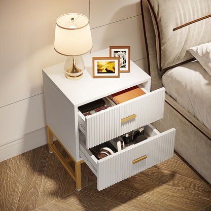 ADOUER WOOD Modern White Nightstand with Gold Base – 2-Drawer Bedside Table with Fluted Design