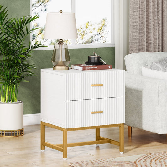 ADOUER WOOD Modern White Nightstand with Gold Base – 2-Drawer Bedside Table with Fluted Design