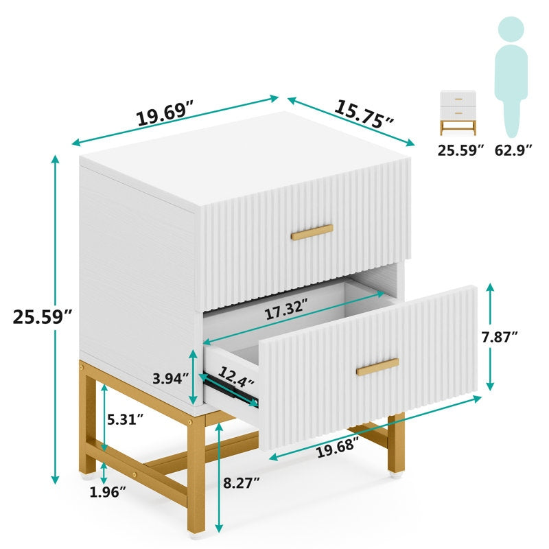 ADOUER WOOD Modern White Nightstand with Gold Base – 2-Drawer Bedside Table with Fluted Design