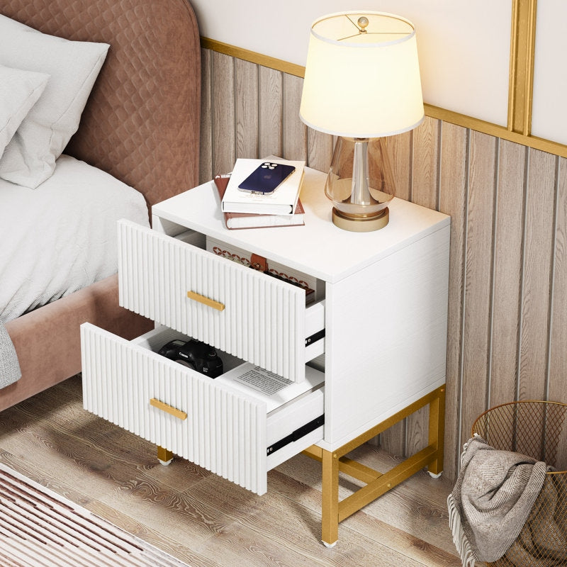 ADOUER WOOD Modern White Nightstand with Gold Base – 2-Drawer Bedside Table with Fluted Design