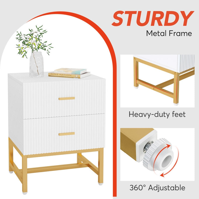 ADOUER WOOD Modern White Nightstand with Gold Base – 2-Drawer Bedside Table with Fluted Design