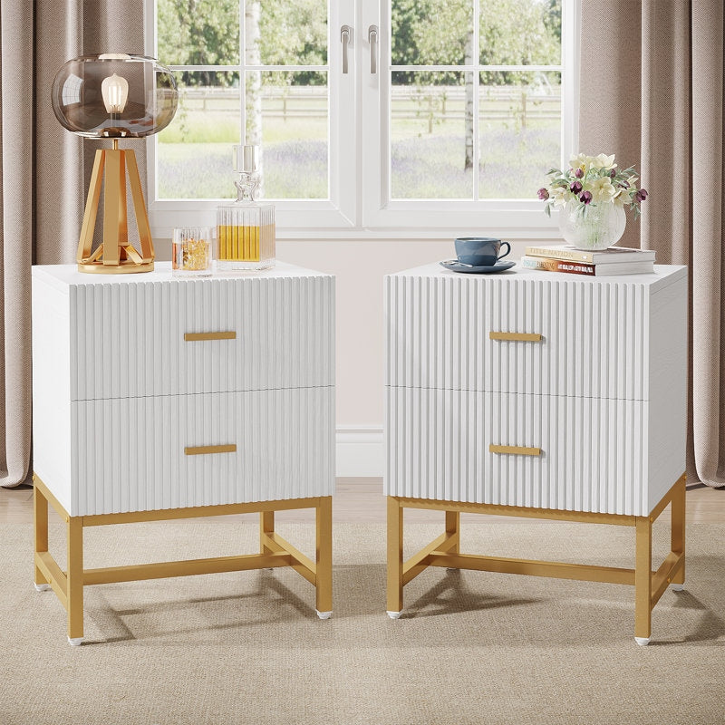 ADOUER WOOD Modern White Nightstand with Gold Base – 2-Drawer Bedside Table with Fluted Design