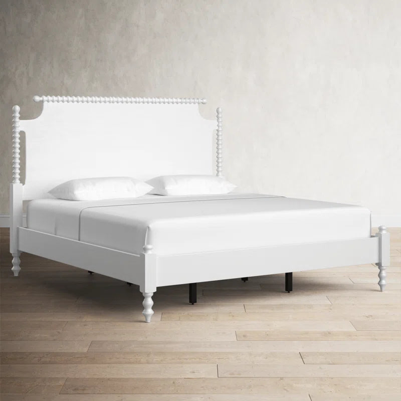 Adouer Wood "Elegant White Solid Sheesham Wood Spindle Bed with Intricate Headboard Design"