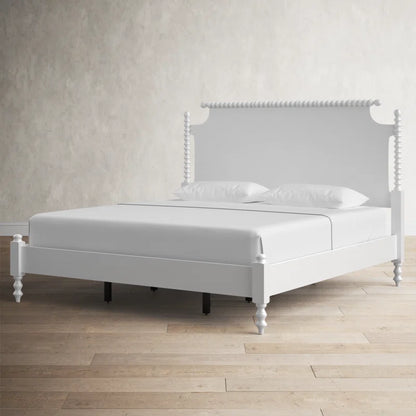 Adouer Wood "Elegant White Solid Sheesham Wood Spindle Bed with Intricate Headboard Design"