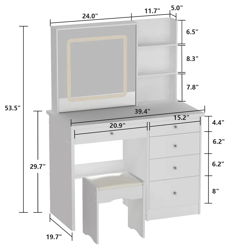 ADOUER WOOD "Elegant White Vanity Dressing Table with Lighted Mirror, Drawers, and Cushioned Stool"