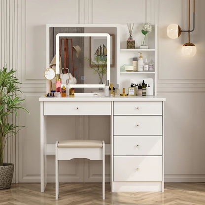 ADOUER WOOD "Elegant White Vanity Dressing Table with Lighted Mirror, Drawers, and Cushioned Stool"